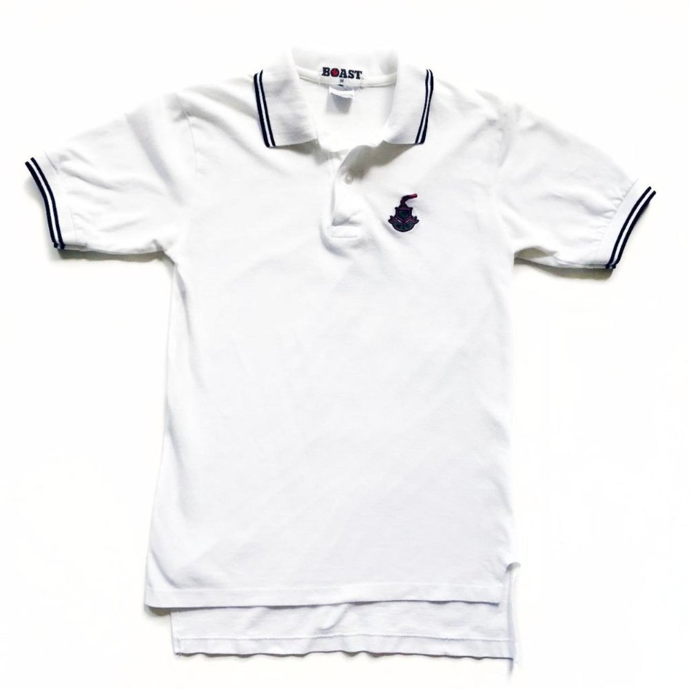 Vintage 90s Boast Eggshell Off White Black Embroidered Short Sleeve Polo Shirt